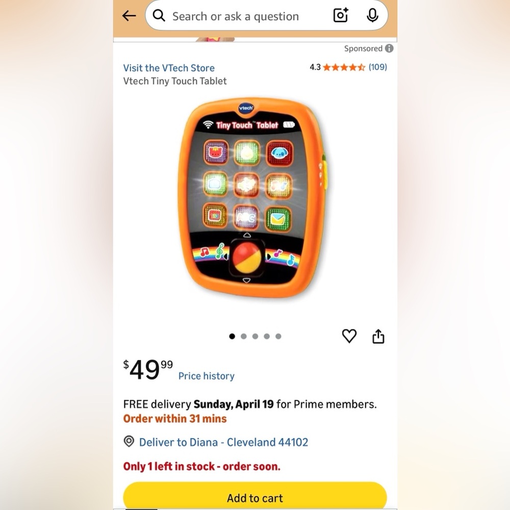 VTech Tiny Touch Learning Tablet - Orange and Yellow